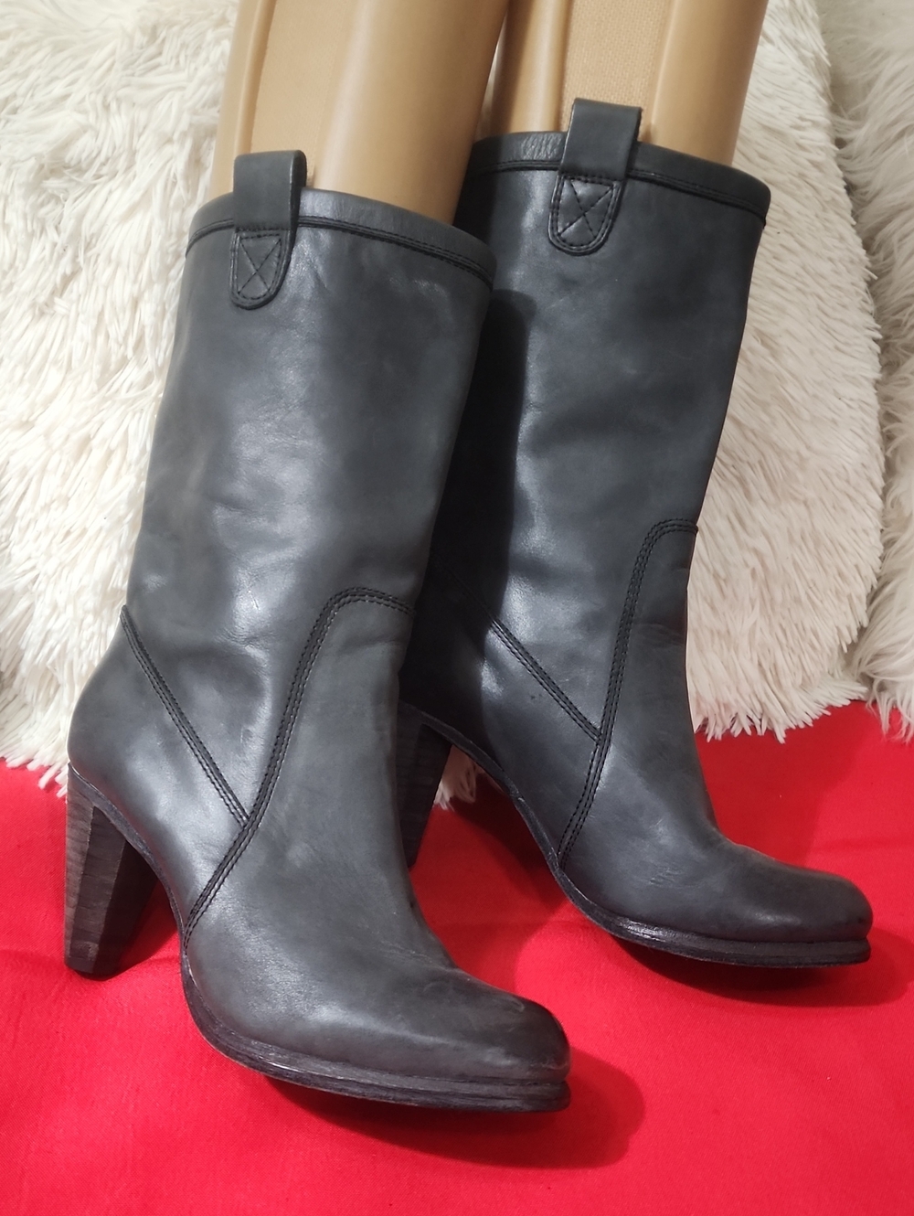 D-Segno Habdmade Candy Women's Gray Leather Mid-Calf Heeled Boots